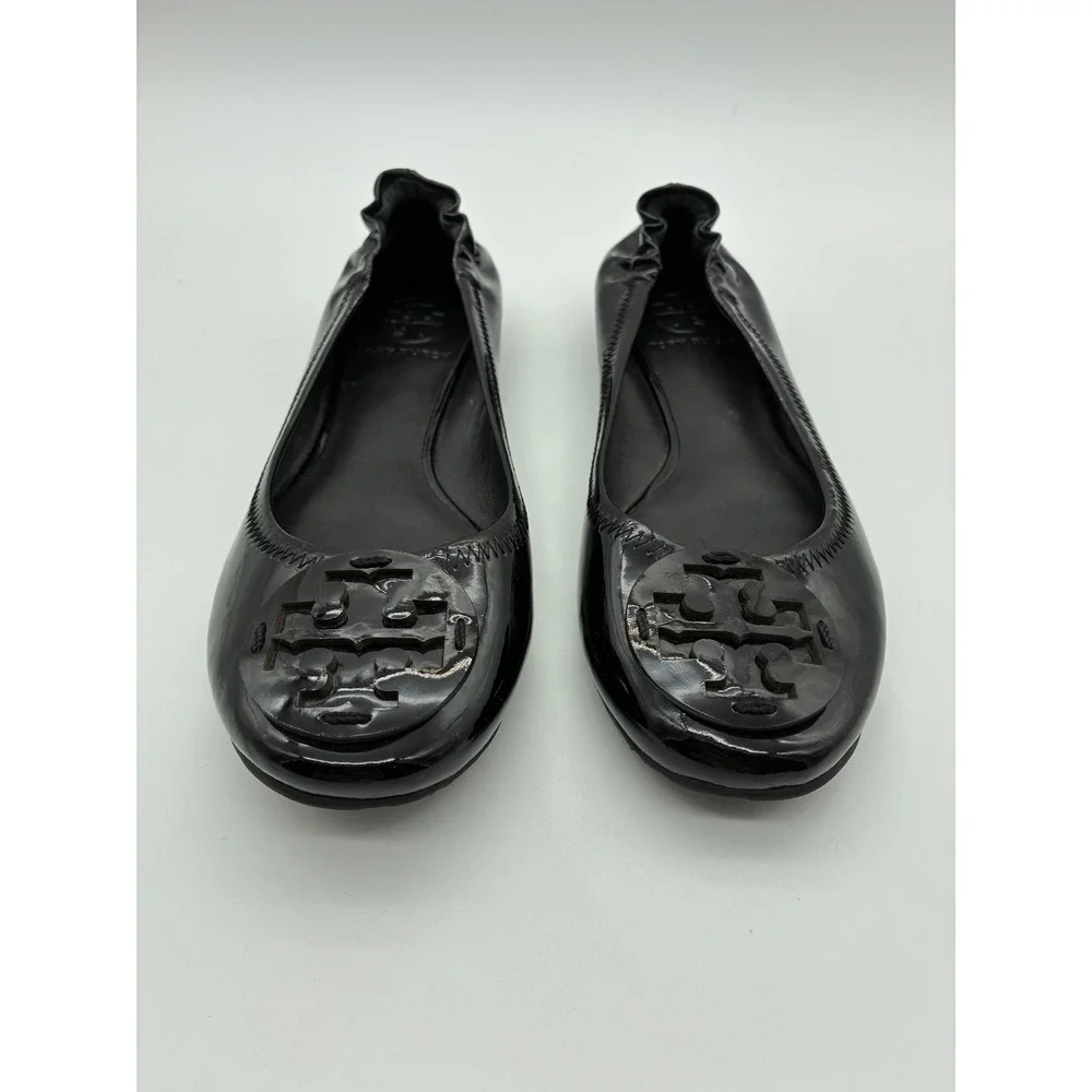Tory Burch Reva Black Patent Leather Logo Medallion Ballet Flats Mens 6.5 M - Picture 1 of 6